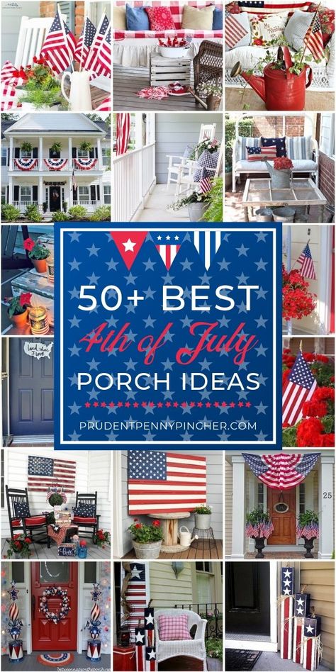 50 Best 4th of July Porch Ideas #4thofjuly #4thofjulydecorations #patriotic #diyhomedecor #homedecor #porchideas #summer #diy 4 Th Of July Decorations, Summer Front Porch Ideas, Outdoor Garland, Vintage Porch, Porch Planters, Porch Decorating Ideas, Summer Front Porches, Fourth Of July Decor, Penny Pincher