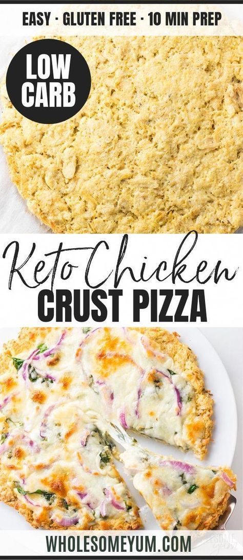 Low Carb Keto Chicken Crust Pizza Recipe - A low carb keto chicken crust pizza recipe with just 4 ingredients! Top it with creamy alfredo sauce, spinach, onions and mozzarella for a delicious and simple low carb dinner. #wholesomeyum #lowcarb #keto #pizza #chickenrecipes #lowcarbrecipes #healthyrecipes #ketorecipes #HealthyFoodRecipesLowCarb Keto Chicken Crust Pizza, Chicken Crust Pizza Recipe, Chicken Crust, Chicken Crust Pizza, Can Chicken, Low Carb Low Fat Recipes, Keto Pizza, No Carb Recipes, One Egg