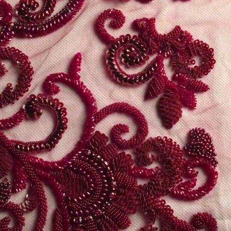 Red Bead Embroidery, Red On Red Embroidery, Embroidery On Red Fabric, Embroidery On Velvet Fabric, Tambour Beading, Textile Art Embroidery, Tambour Embroidery, Hand Embroidery Patterns Flowers, Shade Of Red