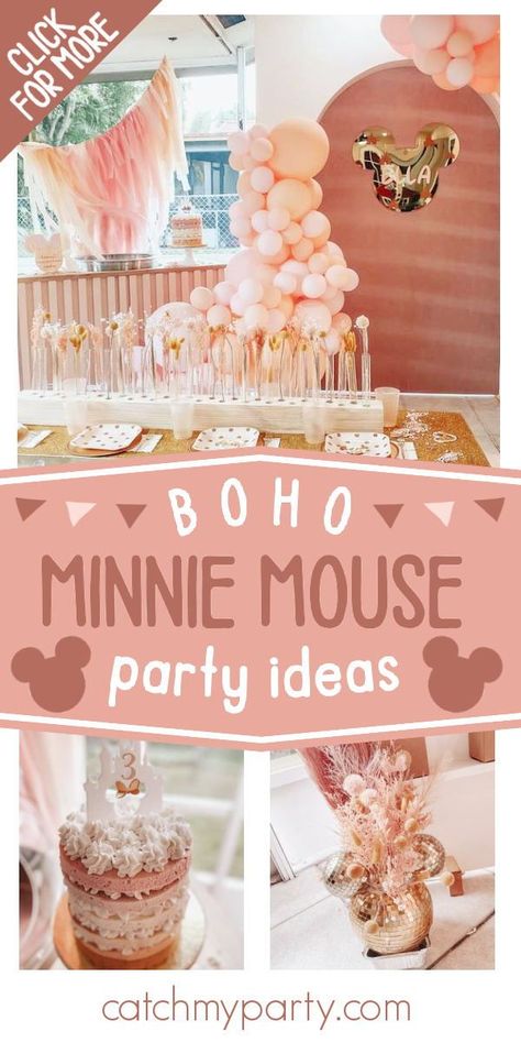 Don't miss this cute boho Minnie Mouse birthday party! The birthday cake is spectacular! See more party ideas and share yours at CatchMyParty.com Three Minnie Mouse Birthday, Boho Minnie Mouse Centerpieces, Unique Minnie Mouse Birthday Party, Minnie Mouse 2 Birthday Party Ideas, Tea For Two Minnie Birthday Party, Minnie Mouse Bakery Party, Mickey And Minnie Mouse Birthday Party, Chic Minnie Mouse Birthday, Minnie Mouse Disco Party