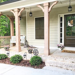 Morning light will forever be my favorite. Another absolutely gorgeous start to the day here in Georgia 🌸 miss you IG fam! I hope everyone is doing amazing! 💗 ps if you look closely you can see little Luka peaking out of the window 🐶......#southernhomes #homelove #theeverygirlathome #farmhouseexterior #mykirklands #springblooms #bhghome #freshyearfreshdecor #prettyporchesandpatios #lovemyoutdoordecor #cottageporch #mydailydwelling #outdoordecor #sweetsimplehome #theseasonalcottage #sty Around Porch Landscaping, Wrap Around Porch Landscaping, Porch Modern Farmhouse, Modern Farmhouse Exterior Design, Porch Modern, Painted Garden Furniture, Porch Kits, Column Wrap, Porch Landscaping