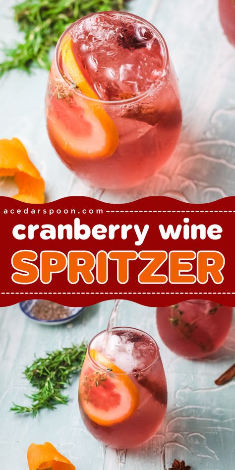 Celebrate your Thanksgiving dinner party with a Festive and Crisp Cranberry Wine Spritzer Recipe! This simple, refreshing drink is the BEST cranberry wine spritzer, perfect for easy fall drinks. Enjoy a joyful and delicious holiday season! Thanksgiving Spritzer, Easy Fall Drinks, Wine Spritzer Recipe, Orange Simple Syrup, Cranberry Wine, Spritzer Recipes, Low Calorie Cocktails, Thanksgiving Wine, Wine Spritzer