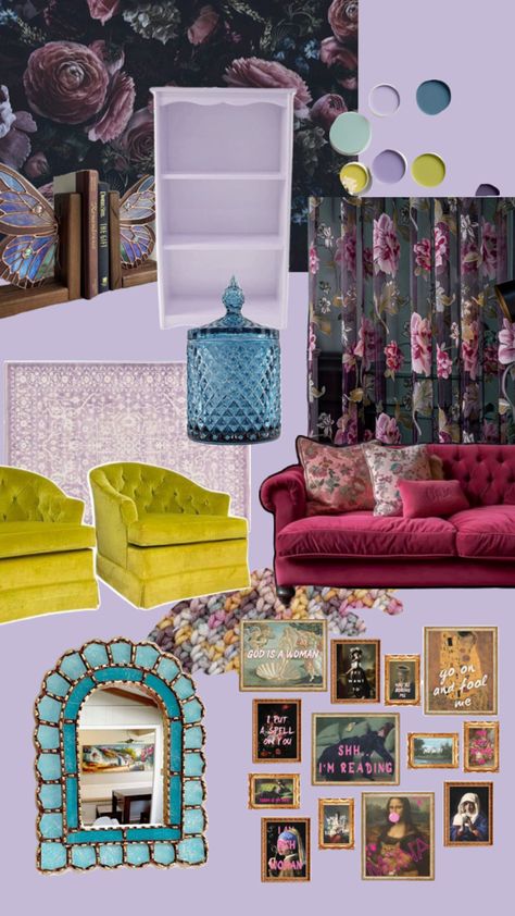 The style I want to decorate my she shed is whimsigoth, dark academia, colorful, and cozy. Purple, chartreuse, and teal seem like the best colors for that Shed Reading Nook, Chartreuse And Teal, Moody Dark Academia, Apartment Projects, She Shed, Reading Nook, House Inspo, Dark Academia, Nook