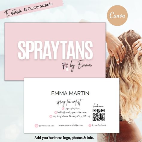 Spray Tan Business Cards, Spray Tanning Business, Qr Business Card, Tanning Business, Spray Tan Business, Beauty Business Cards, Diy Business Cards, Spray Tan, Pink Cards