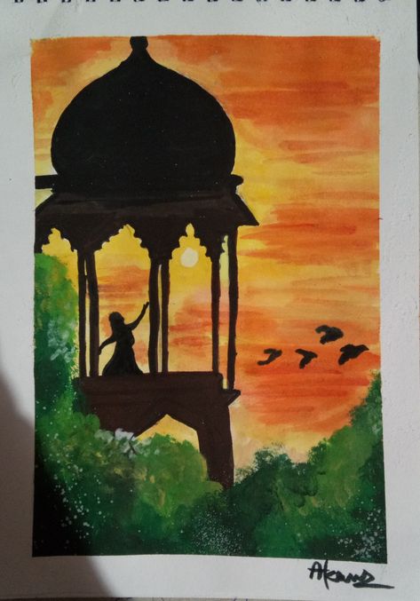 Sunset paintings,easy paintings, lonely girl painting Daily Life Composition Painting, Composition Drawing, Composition Painting, Watercolor Paintings Easy, Indian Paintings, Mini Drawings, Sunset Painting, Easy Watercolor, Diy Canvas Art Painting