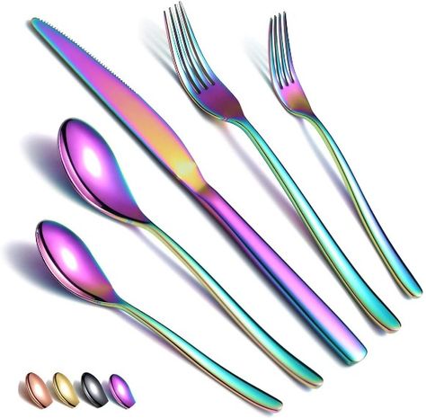 20 Piece Rainbow Silverware Set: Include Dinner Knives x 4, Dinner Fork x 4, Dinner Spoon x 4, Teaspoon x 4, SaladFork x 4.
Titanium Rainbow Noble Plating
Amazon Brand and Quality Guarantee: Made of High Quality Stainless Steel, the edges are smooth and stylish, Mirror PolishThe Rust proof, sturdy and heavy duty making would assure that this utensils would last for a life time use. Lead-free, Cadmium-free, Phthalate-free, BPA-free made sure that the utensils are healthy and safe for daily use. Cheap Brands, Steak Knife Set, Dinner Fork, Stainless Steel Cutlery, Stainless Steel Flatware, Steak Knives, Gold Copper, Utensil Set, Knife Sets