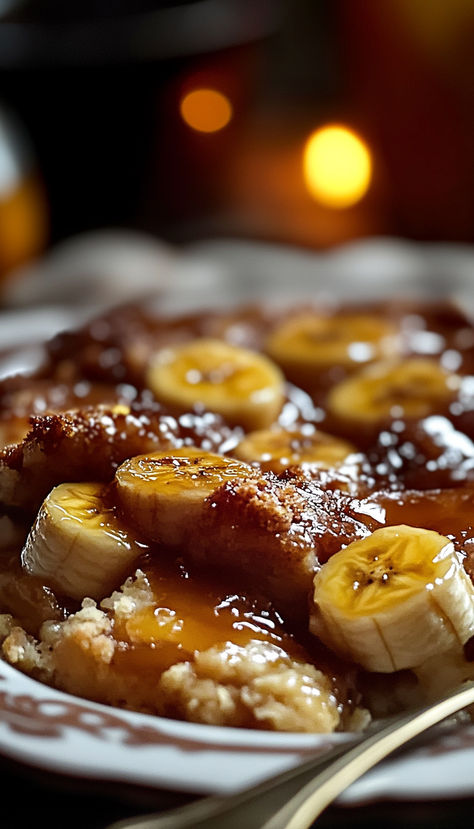 Satisfy your dessert cravings with this Irresistible Bananas Foster Cobbler, a sweet and buttery Southern classic! This cobbler features caramelized bananas in a rich brown sugar sauce, topped with a buttery, flaky crust. With the flavors of cinnamon and rum, this dessert is a perfect combination of sweet and warm spices. Rum Desserts, Brown Sugar Sauce, Dessert Cravings, Cobbler Topping, Caramelized Bananas, Bananas Foster, Cobbler Recipe, Flaky Crust, Cobbler Recipes