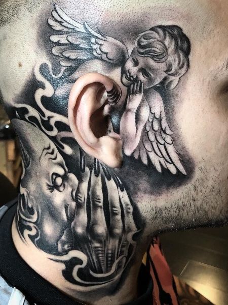 Small Angel Tattoo, Full Neck Tattoos, Best Neck Tattoos, Girl Neck Tattoos, Side Neck Tattoo, Evil Tattoos, Devil Tattoo, Neck Tattoo For Guys, Neck Tattoos