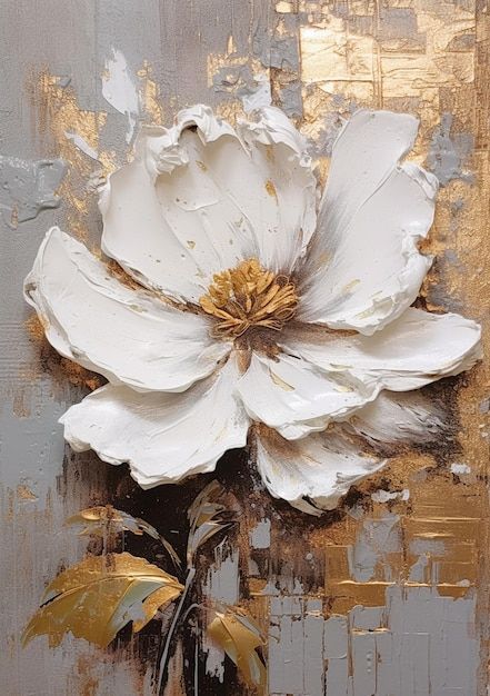 Gold Leaf Flower Art, White And Gold Textured Art, White And Gold Abstract Painting, Structural Painting, Structure Painting, Organic Artwork, Gold Abstract Painting, Gold Art Painting, Diy Abstract Canvas Art