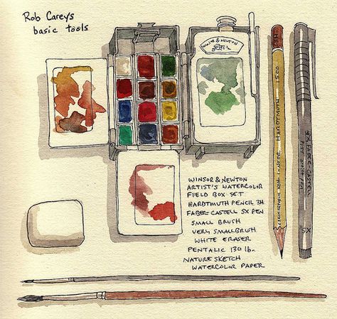 Rob's sketching tools | Here's the basic stuff I use when I … | Flickr Watercolor Tools, Journal Watercolor, Draw Watercolor, Kunstjournal Inspiration, 심플한 그림, Sketching Tools, Sketchbook Journal, Artist Journal, Watercolor Journal