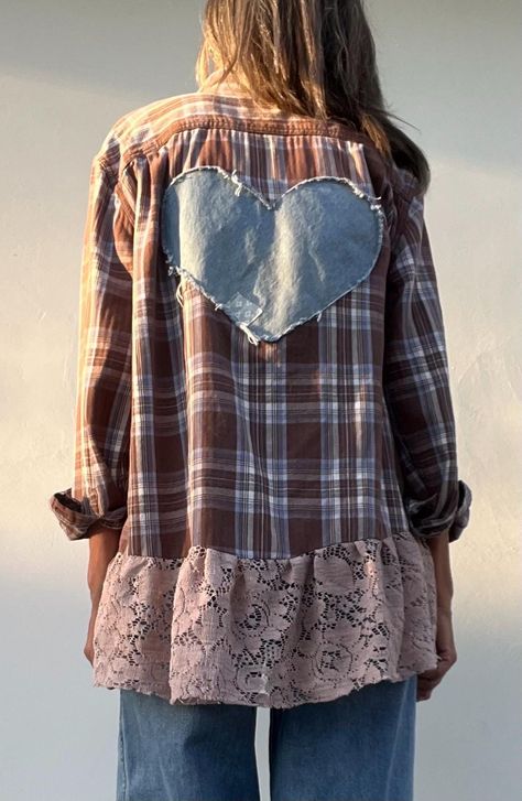 Bleached and distressed XL flannel with tattered lace and a patched denim heart applique on the back, boho flannel and denim boho top by HerdingBoho on Etsy Flannel Shirts With Patches, Upcycled Flannel Shirts Boho Chic, Distressed Flannel Shirts, Diy Flannel Shirt Refashion, Flannel Shirt Ideas, Boho Upcycle, Flannel Upcycle, Sewing Upcycled Clothing, Refashioning Clothes