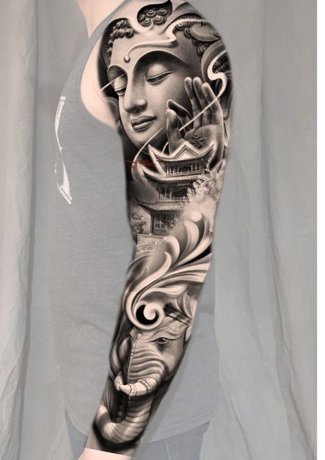 Realism Buddha Tattoo, Buddha Sleeve Tattoo, Ganesha Tattoo Sleeve, Buddhist Tattoo Sleeve, Buddha Tattoo Sleeve, Buda Tattoo, Geometric Tattoo Sleeve Designs, Mangas Tattoo, Buddhist Tattoo