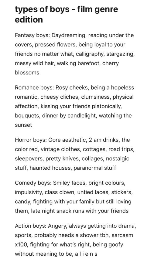 Types of boys Types Of Romance Tropes, Types Of Boys Aesthetic, Types Of People Aesthetic, Fantasy Romance Prompts, Types Of Horror, Fantasy Romance Aesthetic, Types Of Characters, Bachelor's Party, Descriptions Of People