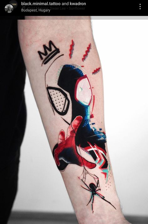 Marvel Tattoos Spiderman, Miles Morales Spiderman Tattoo, Tony Stark Tattoo, Spiderman Tattoo For Guys, Spider Verse Tattoo, Marvel Inspired Tattoos, Carnage Tattoo, Spider Man Tattoos, Venom Tattoos