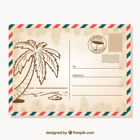 Hand drawn summer card template in vintage style Post Card Design Ideas, Card Postal Ideas, Postcard Design Ideas, Card Postal, Post Card Design, Postcards Design, Postcard Illustration, طابع بريدي, Postal Vintage