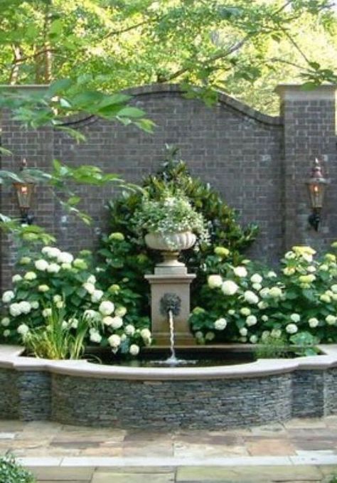 Urn & Lion Head fountainFarmhouse Garden Hydrangea Landscaping, Taman Air, Walled Garden, Water Features In The Garden, The Secret Garden, Garden Fountain, Front Yard Garden, Garden Fountains, Coastal Farmhouse