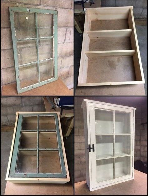 Uses For Old Windows Diy Projects, Diy Window Cabinet, Old Window Cabinet Diy, Old Window Ideas Farmhouse, Window Cabinet Ideas, Crafts With Old Windows, Window Decoration Inspiration, Diy Old Window Projects, Window Picture Frame Diy