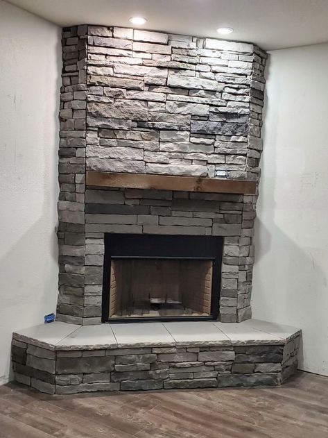 Mantle Modern, Fireplace Rock, Corner Stone Fireplace, Raised Hearth, Grey Stone Fireplace, Wood Mantle Fireplace, Stone Hearth, Rock Fireplace, Wood Mantle