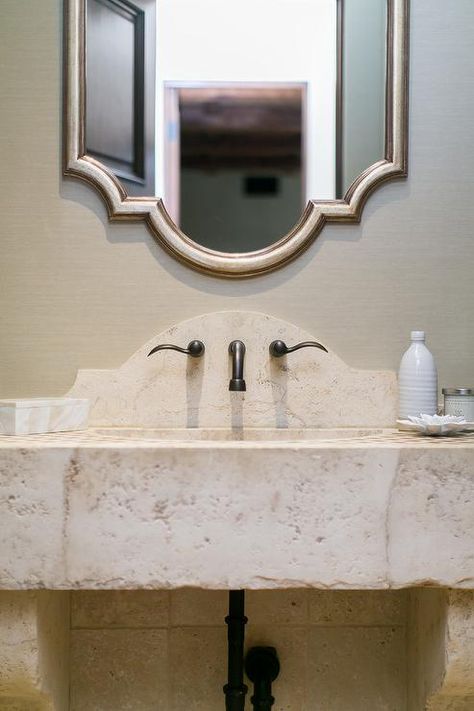 Stone Countertops Bathroom, Backsplash Bathroom Sink, Curved Backsplash, Marble Backsplash Bathroom, Small Bathroom Shelves, Powder Room Lighting, Vanity Backsplash, Mediterranean Bathroom, Leaf Mirror