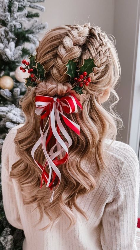 Christmas Dance Hairstyles, Christmas Hair Ideas For Kids, Hairstyles For Ball, Christmas Hairdos, Cute Fun Hairstyles, Xmas Hairstyles, Christmas Hairstyles For Short Hair, December Hairstyles, Blonde To Black