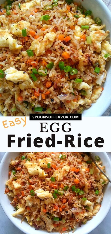 Two images showing egg fried rice in a white bowl. Fried Rice Recipe Egg, Easy Egg Fried Rice, Fried Rice Chinese, Vegetable Bake Recipes, Vegetarian Rice Recipes, Vegetarian Fried Rice, Veggie Fried Rice, Fried Rice With Egg, Indian Rice Recipes