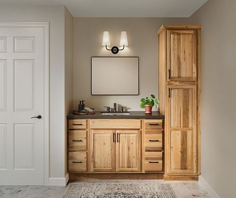 Rustic Hickory Bathroom Vanity, Hickory Vanity Bathroom, Hickory Bathroom Cabinets, Hickory Bathroom Vanity, Hickory Bathroom, City Bathroom, Lowes Bathroom, Bathroom Concepts, Hickory Kitchen Cabinets