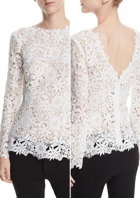 Monique Lhuillier High-Neck Long-Sleeve Floral-Guipure Lace Top Lace Shirt Outfit, Lace Top Design, Romantic Lace Blouse, Lace Blouse Styles, Chiffon Blouses Designs, Guipure Lace Top, Lace Dress Outfit, Lace Blouse Design, Women Lace Blouse