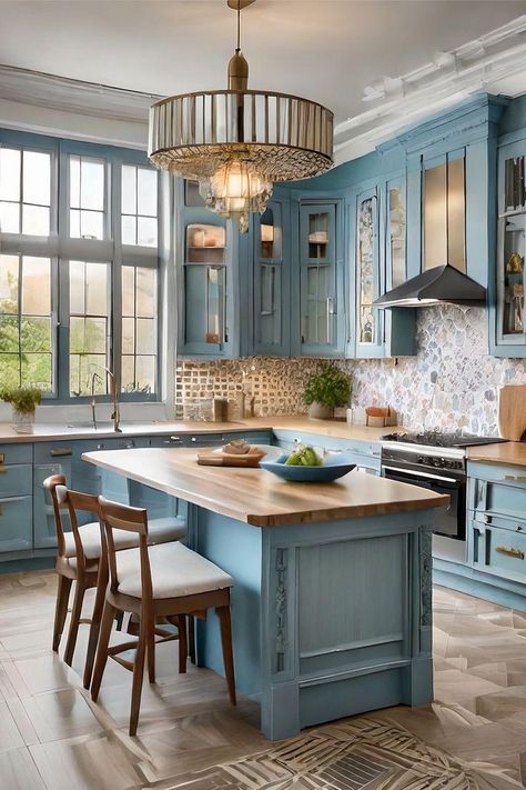 Discover 25 Beautiful Rustic Kitchen Backsplashes to Transform Your Space with Style and Charm Kitchen Herringbone Floor, Vintage Country Aesthetic, Kitchen Light Blue, Rustic Kitchen Backsplash, Blue Kitchen Designs, Stone Tile Backsplash, Brick Backsplash Kitchen, Rustic Kitchen Lighting, Wood Countertops Kitchen