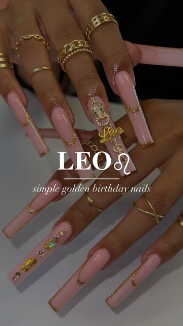 Birthday Design Nails Nailart, Birthday Nails Inspiration Leo, Birthday Nails Pink And Gold, Pink Leo Birthday Nails, 20th Bday Nails, Gold Birthday Nails Acrylic, Gold Leo Nails, Leo Bday Nails, Leo Acrylic Nails Zodiac