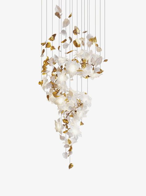 Our Flying Flowers Fluttering Chandelier offers a breathtakingly elegant aesthetic with its ivory glass petals that resemble fluttering petals descending gracefully from the light. Its luxuriously intricate design exudes a sophisticated and exclusive air, elevating the ambience of any interior.   Due to the substantial dimensions of this package, it necessitates transportation via trucks to reach its destination.   If you have any questions about our products, please contact us and we will reply to you within 24 hours.   Product Size   Model A Size: Dia 80cm x H 180cm /  31.5 x H 70.1   Model A Size: Dia 100cm x H 230cm /  39.4 x H 90.6   Model A Size: Dia 100cm x H 260cm /  39.4 x H 102.4     Model B Size: Dia   60 cm x H  120 cm /  23.6 x H 47.2   Model B Size: Dia   80 cm x H  160 cm / Chandelier Flowers, Living Room Den, Flower Dance, Flying Flowers, Staircase Lighting, Luxury Chandelier, Dome Lighting, Color Glaze, Floral Pendant