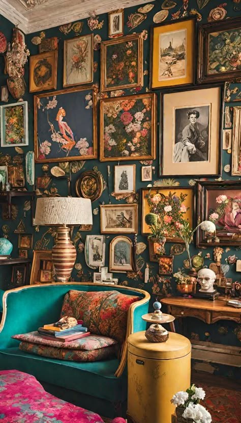 Vintage maximalism Maximalist Dining Rooms, Maximalist Living Room, Maximalist Interior Design, Eclectic Maximalism, Maximalist Interior, Maximalist Design, Vintage Interior Design, Framed Pictures, Deco Retro