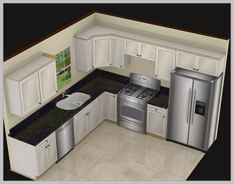 This L shaped kitchen layout is definitely stylish with white cabinets and black speckled countertops. It provides a classic layout that's very functional and easy to use. Kitchen Island Designs With Seating, Small Kitchen Design Layout, Kitchen Layouts With Island, Model Dapur, Desain Pantry, Small Kitchen Layouts, Kabinet Dapur, Small Kitchen Design, Kitchen Layouts