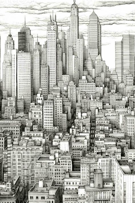 a drawing of a city with tall buildings and a sky line. generative ai. City Line Drawing, Sky Line, Vector Technology, City Buildings, Line Drawing, Vector Free, Photo And Video, Building, Drawings