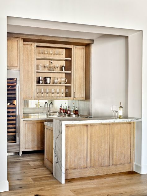 MODERN COTTAGE - Transitional - Home Bar - Phoenix - by Lissa Lee Hickman | Houzz Bar Backsplash Ideas, Bar Backsplash, Waterfall Island Kitchen, Small Bars For Home, Bar Tile, Home Bar Design, Metallic Backsplash, Wood Backsplash, Built In Bar