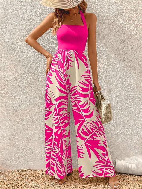 SHEIN VCAY Tropical Print Tie Backless Halter Neck Wide Leg Jumpsuit | SHEIN Havana Nights, Flare Jumpsuit, Halter Jumpsuit, Jumpsuit Pattern, Beachwear Fashion, Tropical Floral Print, Plant Print, Halter Neckline, Wide Leg Jumpsuit