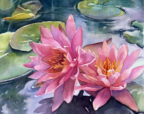 Bild Gold, Hydrangea Painting, Lotus Painting, Pink Water, Watercolor Flowers Paintings, Flower Art Painting, Affordable Gifts, Flower Wall Art, Water Lilies