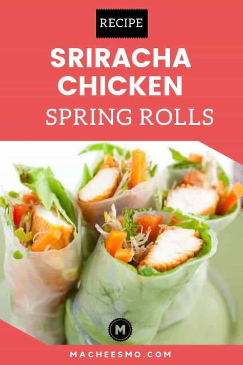 Sriracha Chicken Spring Rolls: A fresh and spicy spring roll that's substantial enough to make a meal out of, but also works great as a healthy appetizer! These spring rolls are seasoned with loads of garlic and sriracha, then rolled with lots of fresh vegetables. Delicious for a light summer dinner, or use it as a finger food recipe! #springrolls #sriracha #chinesefood #asianfood #chickenrecipe Spicy Spring Rolls, Sriracha Recipes, Light Summer Dinners, Pesto Tortellini, Chicken Spring Rolls, Sriracha Chicken, Dinners Recipes, Healthy Appetizer, Spring Roll Recipe