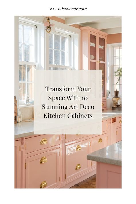 Pink art deco kitchen cabinets with gold handles on a sunny day. 1920s Kitchen Cabinets, Art Deco Kitchen Cabinets, Art Deco Kitchen Ideas, Coral Kitchen, 1920s Kitchen, Sophisticated Kitchen, Art Deco Apartment, Art Deco Ideas, Art Deco Kitchen