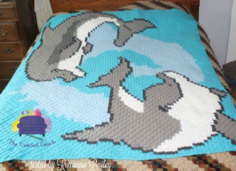 Dolphins Playing Afghan, C2C Crochet Pattern, Written Row Counts, C2C Graphs, Corner to Corner, Crochet Pattern, C2C Graph Motifs Afghans, Corner To Corner Crochet Pattern, C2c Crochet Pattern, C2c Graph, Corner Crochet, Black And White Words, Light Worsted Weight Yarn, Corner To Corner Crochet, Crochet Decor