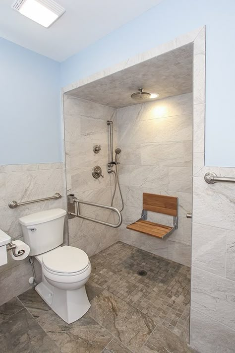 Roll In Accessible Showers, Shower Design For Elderly, Small Bathroom Remodel For Elderly, Aging Bathroom Design, Ada Toilet Design, Bathroom Remodel Handicapped, Walk In Shower With Seat For Elderly, Roll In Showers Small Bathroom, Wheelchair Accessible Bathroom Design