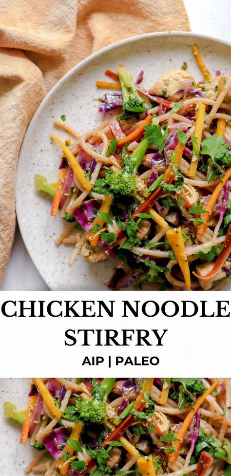 This Chicken Noodle Stir Fry is packed with veggies for a nutrient dense, one-pot meal that is the epitome of AIP comfort food. It’s AIP and paleo and can easily be made vegan and whole30 compliant. #aip #aiprecipes #paleorecipes #paleo #stirfry #chickenstirfry #autoimmune #autoimmunepaleo #onepot #quickmeals #30minutemeals #veggiestirfry Chicken Noodle Stir Fry, Paleo Stir Fry, Aip Foods, Aip Diet Recipes, Chicken Stir Fry With Noodles, Autoimmune Recipes, Noodle Stir Fry, Autoimmune Paleo Recipes, Aip Paleo Recipes