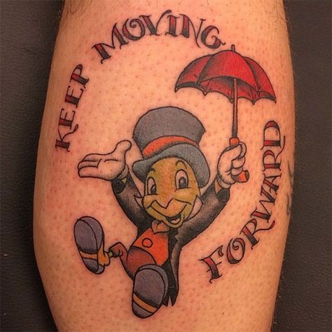 Jiminy Cricket Tattoo, Jiminy Cricket Quotes, Watercolor Tatoos, Jimminy Cricket, Cricket Tattoo, Recovery Tattoos, Disney Inspired Tattoos, Tattoo Disney, Thigh Tat