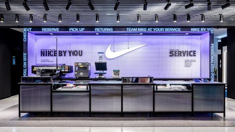 Nike Bangkok | BK Magazine Online Sports Retail Store Design, Nike Interior Design, Nike Store Interior, Cashier Counter Design, Nike Retail, Shoe Store Design, Flag Store, Counter Design, Exhibit Design