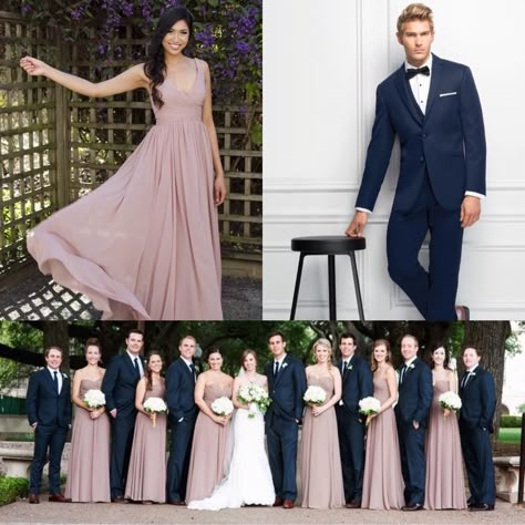 Navy Blue and Soft Dusty Pink make the best wedding party attire combo! You can now get this look at @sheacouturebridal  Contact us for your tux rentals and bridesmaid dresses! #bridesmaids #weddingdressshopping #tux #bridalboutique #sheacouturebridal Blue Groomsmen, Bridesmaid Dresses 2018, Gold Wedding Colors, Mauve Wedding, Dusty Rose Wedding, Purple Bridesmaids, Pink Wedding Dress, Navy Bridesmaid Dresses, Wedding Blue