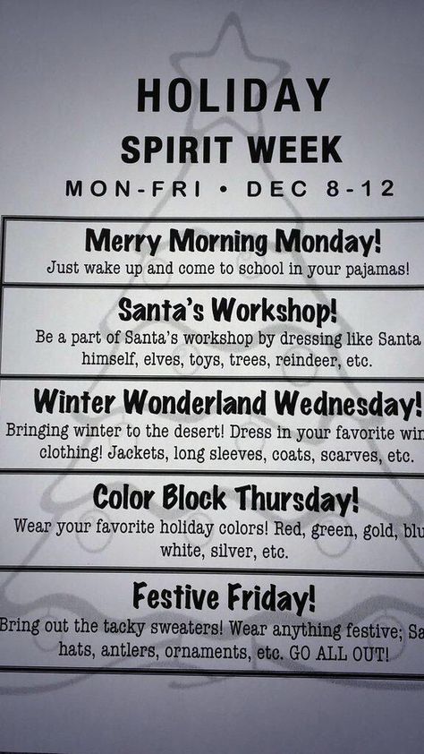 Christmas Spirit Week Ideas, Christmas Spirit Week, Holiday Spirit Week, Spirit Week Ideas, 12 Days Of Christmas Ideas, Spirit Week Themes, Days Of Christmas Ideas, Spirit Day Ideas, School Spirit Week