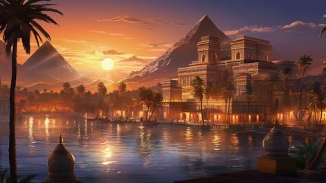 The Pharaohs Oasis City - graphiXperience Oasis City Fantasy Art, Fantasy Oasis City, Fantasy Oasis, Egyptian City, Magical Scenery, Calming Images, Fantasy City Map, Egypt Art, Desert Oasis