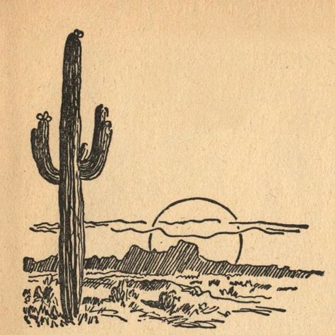 Wild West Aesthetic Drawing, Punchy Wall Art, Desert Cowboy Tattoo, Cool Western Drawings, Western Scenery Tattoo, Drawings Of Cactus, Western Vintage Tattoo, Mexican Cowboy Drawing, Western Style Drawing