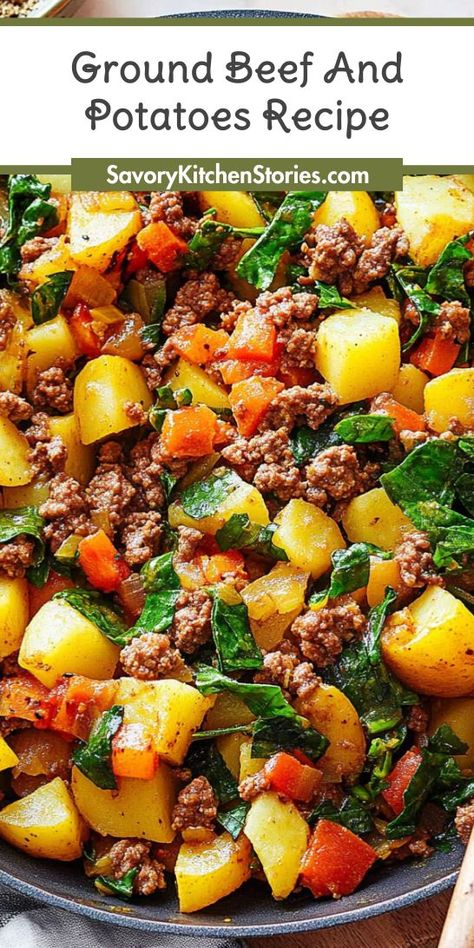 Looking for a hearty meal that the whole family will love? This Ground Beef and Potatoes Recipe is not only delicious but also easy to prepare! Save this savory dish for your next dinner and enjoy a comforting blend of flavors that will satisfy everyone’s cravings. Carrots Ground Beef, Healthy Ground Beef And Potato Recipes, Hamburger Potato Skillet Recipes, Dinner With Ground Beef And Potatoes, Ground Beef With Spinach Recipes, Ground Beef Broccoli Potato Recipe, Potato And Ground Turkey Recipes, Beef And Spinach Recipes, Potato Ground Beef Recipes