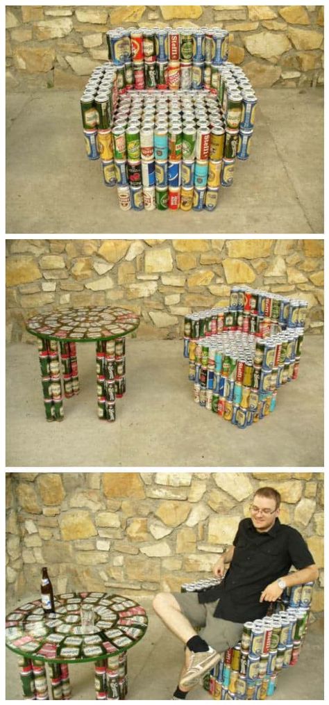 Recycled Chairs Diy Projects, Beer Can Art Projects, Furniture Made From Recycled Materials, Beer Can Decorations, Beer Can Crafts Diy, Beer Cans Crafts Ideas, Upcycle Cans, Recycled Table, Beer Can Art