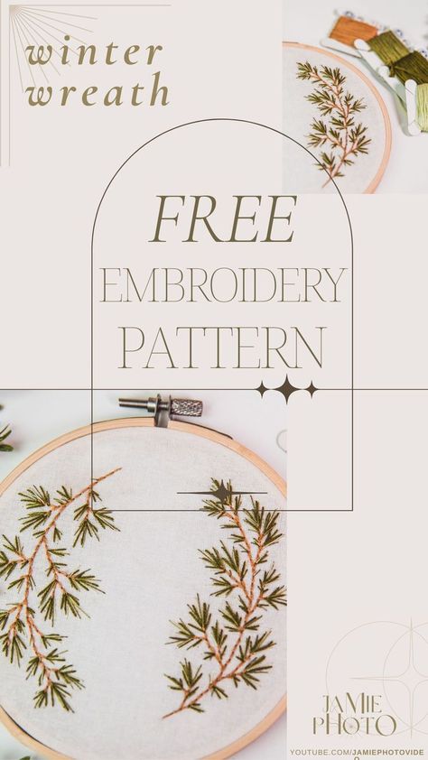 FREE Christmas Wreath Hand Embroidery Pattern and Tutorial Video! Create the perfect handmade Christmas gift with this easy to follow embroidery design. Beginner Friendly! . Winter Garland Embroidery Design | Holiday | Pine | Jamie.Photo | JamiePhotoDIY #ChristmasWreath #HandmadeGift #ChristmasGarland #ChristmasEmbroidery #WinterEmbroidery #HandEmbroidery #FreePattern Christmas Embroidery Patterns Free, Holiday Embroidery Patterns, Winter Garland, Winter Embroidery, Holiday Embroidery, Christmas Embroidery Patterns, Hand Embroidery Projects, Embroidery Patterns Free, Hand Embroidery Pattern